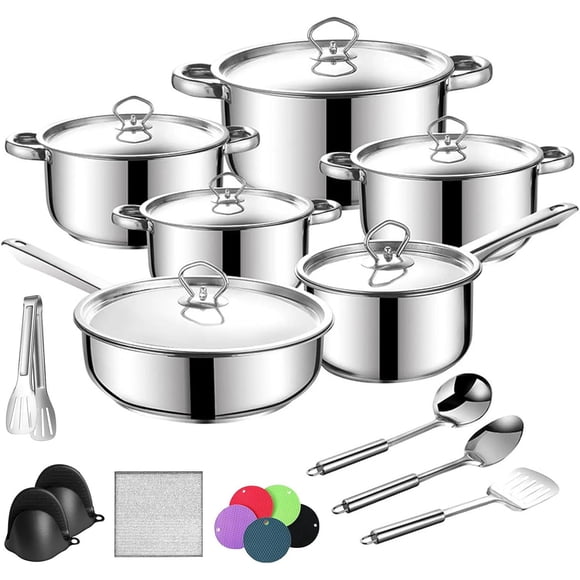 Bateria de Cocina, 20 Piezas Sartenes Antiadherentes, Bateria de Cocina Acero Inoxidable con Tapas, Incluye Sartén Acero Inoxidable, Ollas de Cocina y Cucharas