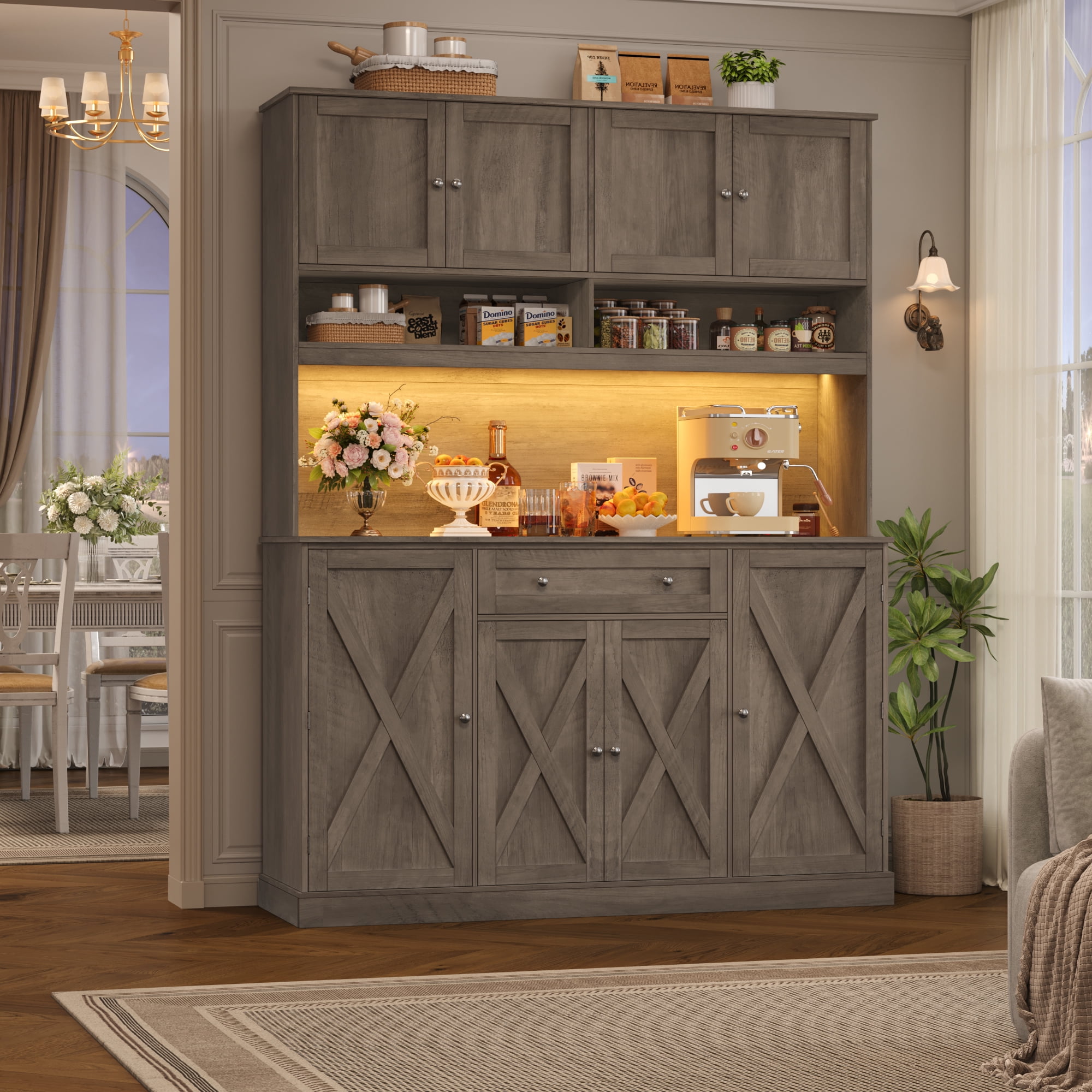 Homfa 72.8'' Tall Kitchen Pantry Cabinet with LED Lights & Charging Station, 8 Doors Storage Cabinet with Drawers & Shelves & Countertop, Kitchen Hutch with Adjustable Shelves for Dining Room, Gray