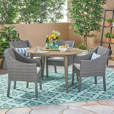 Damien Outdoor 5 Piece Wood and Wicker Square Dining Set, Gray, Gray ...