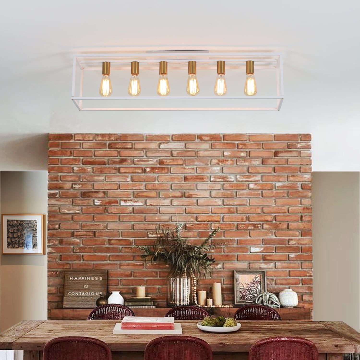 38" 6-Light Farmhouse White Rectangle Cage Close to Ceiling Light for Living Dining Room