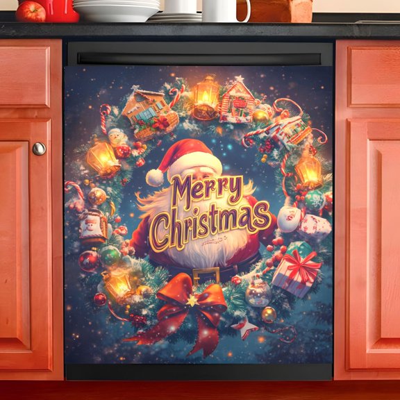 Ryvnso Santa Claus Christmas Wreath Dishwasher Magnetic Refrigerator Magnet Cover Kitchen Home Decorative 23"x26"