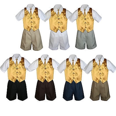 

4pc Set Boy Toddler Formal Gold Vest and Necktie Black Khaki Shorts S-4T