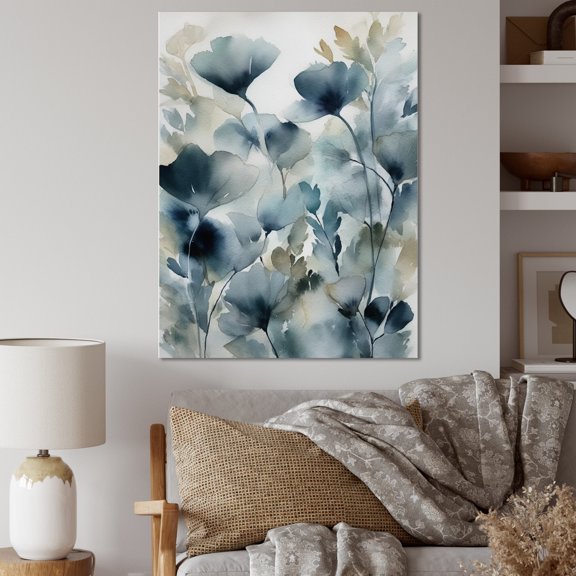 DESIGN ART Designart "Blue Leaf Foliage And Flowers Ii" Floral Leaves  Canvas Prints 30 in. wide x 40 in. high