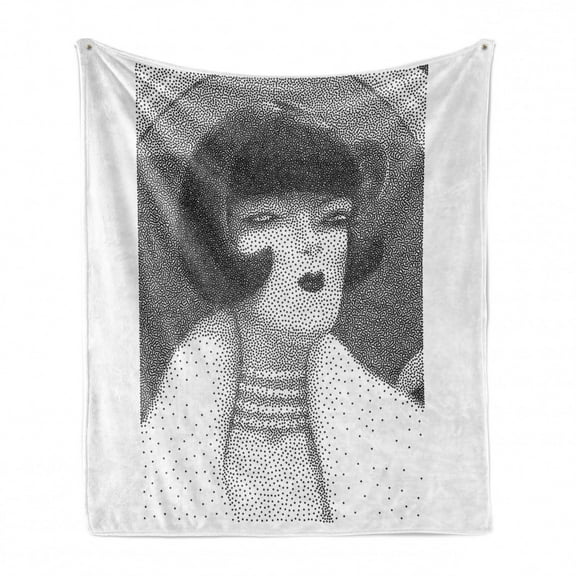 Retro Soft Flannel Fleece Throw Blanket, Halftone Pattern Dotted Black and White Portrait of Bob Haired Posh Lady, Cozy Plush for Indoor and Outdoor Use, 50" x 70", Black Grey and White, by Ambesonne
