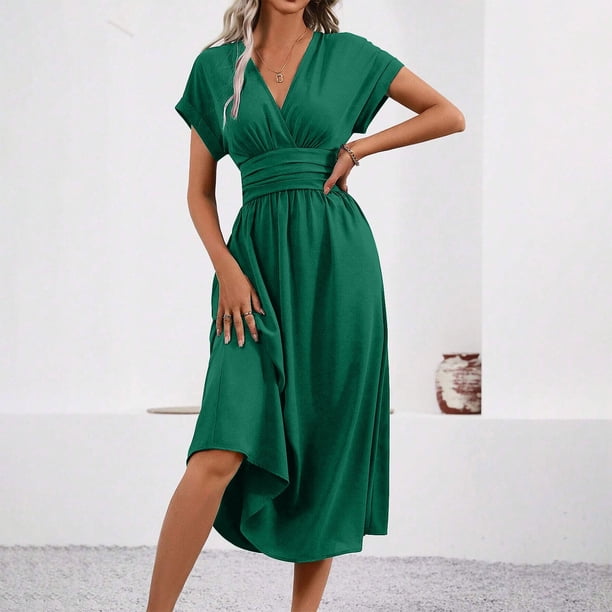 Mgmyaa Casual Dresses for Women Semi Formal Fit and Flare 1/4 Rolled Sleeve  V-Neck A-line Cocktail Party Dress - Walmart Business Supplies