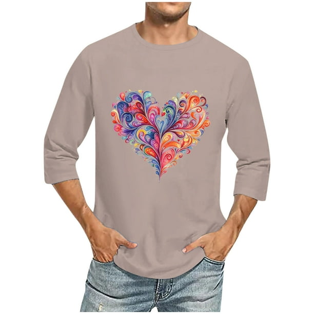 Camisas de Manga Larga para los Hombres Día de San Valentín Impresión Cuello Redondo Moda Casual, Mezcla de Poliéster de Lino de Algodón para Primavera Verano
