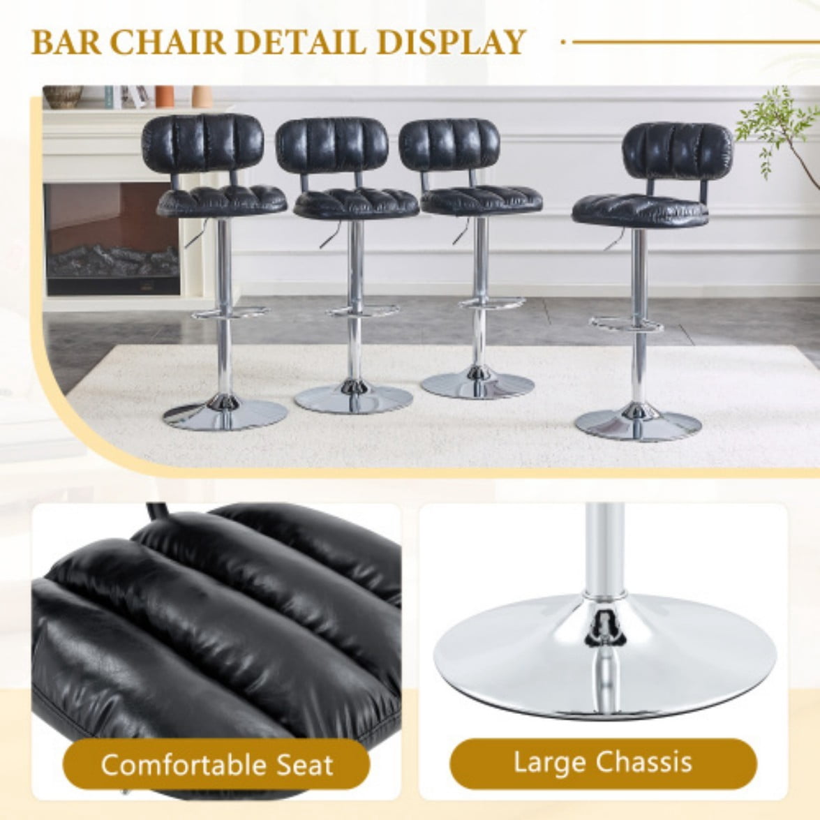 Set of 2 Adjustable Bar Stools, PU Leather Counter Height Chairs with Chrome Base & Footrest for Kitchen Island, Home Bar & Game Room, Black & Silver