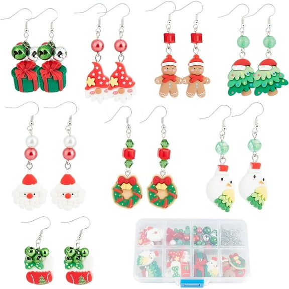 1 Box DIY 8 Pairs Christmas Charms Resin Xmas Gingerbread Man Charm Earrings Making Starter Kit Santa Claus Bear Flat Back Charm Love Heart Christmas Tree Charms