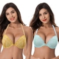 thumbnail image 1 of Curve Muse Womens Push Up Add 1 and a half Cup Underwire Halter Front Close Bras -2PK-Mint,Yellow-32C, 1 of 7