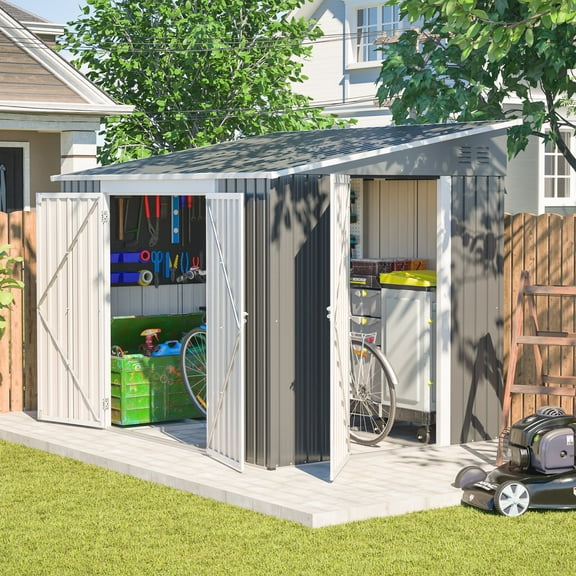 LZBEITEM 8x6 ft Outdoor Metal Storage Shed, Lean-to Design, Lockable Garden Tool Shed with Side Wall Entry Door, Gray, Galvanized Floor Frame