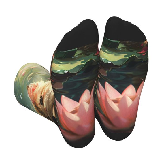 Xecao Cute Kitten Water Lilies Print Crew Socks for Men and Women, Men's Soft Moisture-wicking Sock