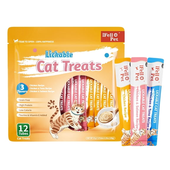 IFELLO PET Cat Treats Lickable, Variety Pack - Lickable Cat Treats Squeeze Up, with Tuna, Salmon, Chicken Flavor, Grain-Free for Skin & Coat Support, 0.53 oz(Pack of 12) No Size