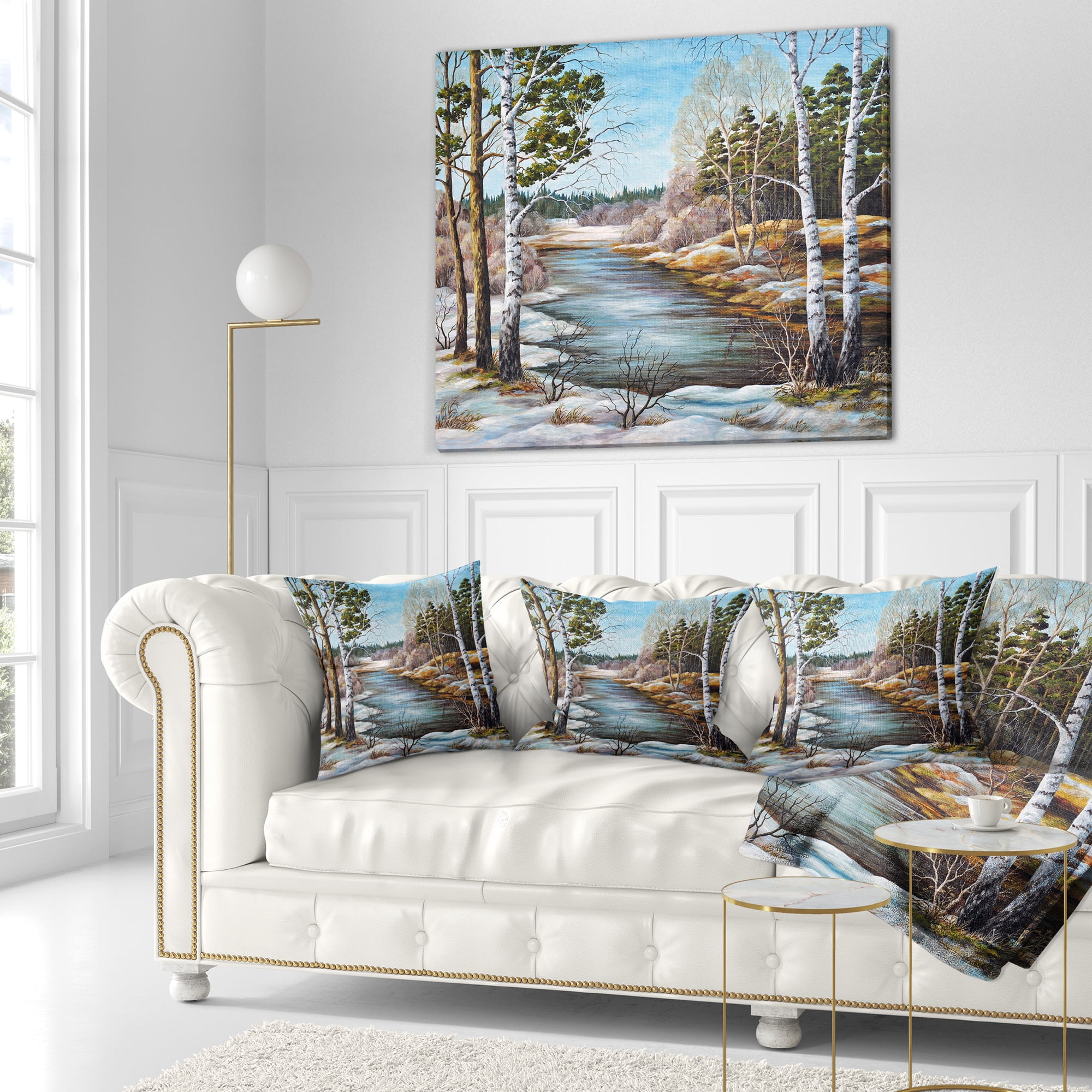 Designart The spring Siberian River - Landscape Printed Throw Pillow - 16x16