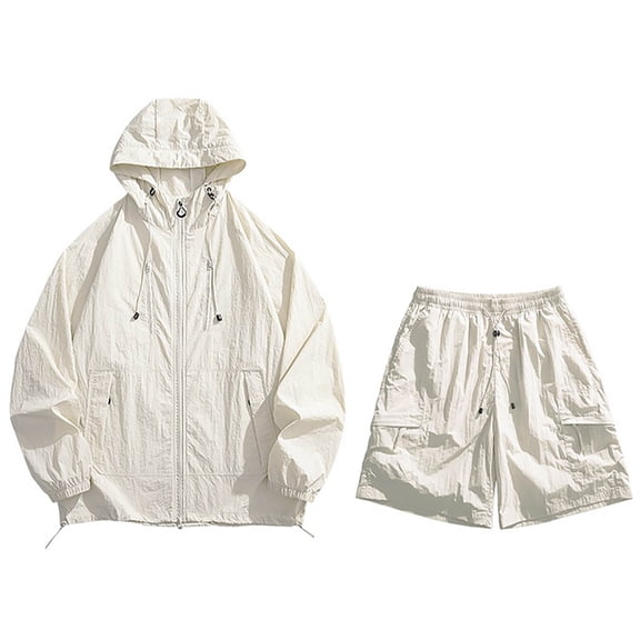 Likimi Womens Two Piece Set Long Sleeve Hooded Solid Color Zipper Pocket Top With High Waist Shorts Summer Fashion Casual Outfit Set Beige Size L