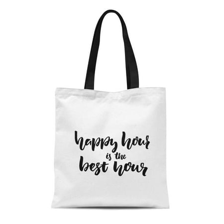 ASHLEIGH Canvas Bag Resuable Tote Grocery Shopping Bags Happy Hour Is the Best Fun Saying for Bar Cafe and Restaurant Hand Lettering Brus Tote (Best Credit Card For Restaurants And Groceries)
