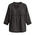 thumbnail image 3 of ZGRBOU Women Eyelet V Neck Button Down Shirt Casual 3/4 Puff Sleeve Cotton Blouse Summer Loose Boho Beach Vacasion Tops, 3 of 4