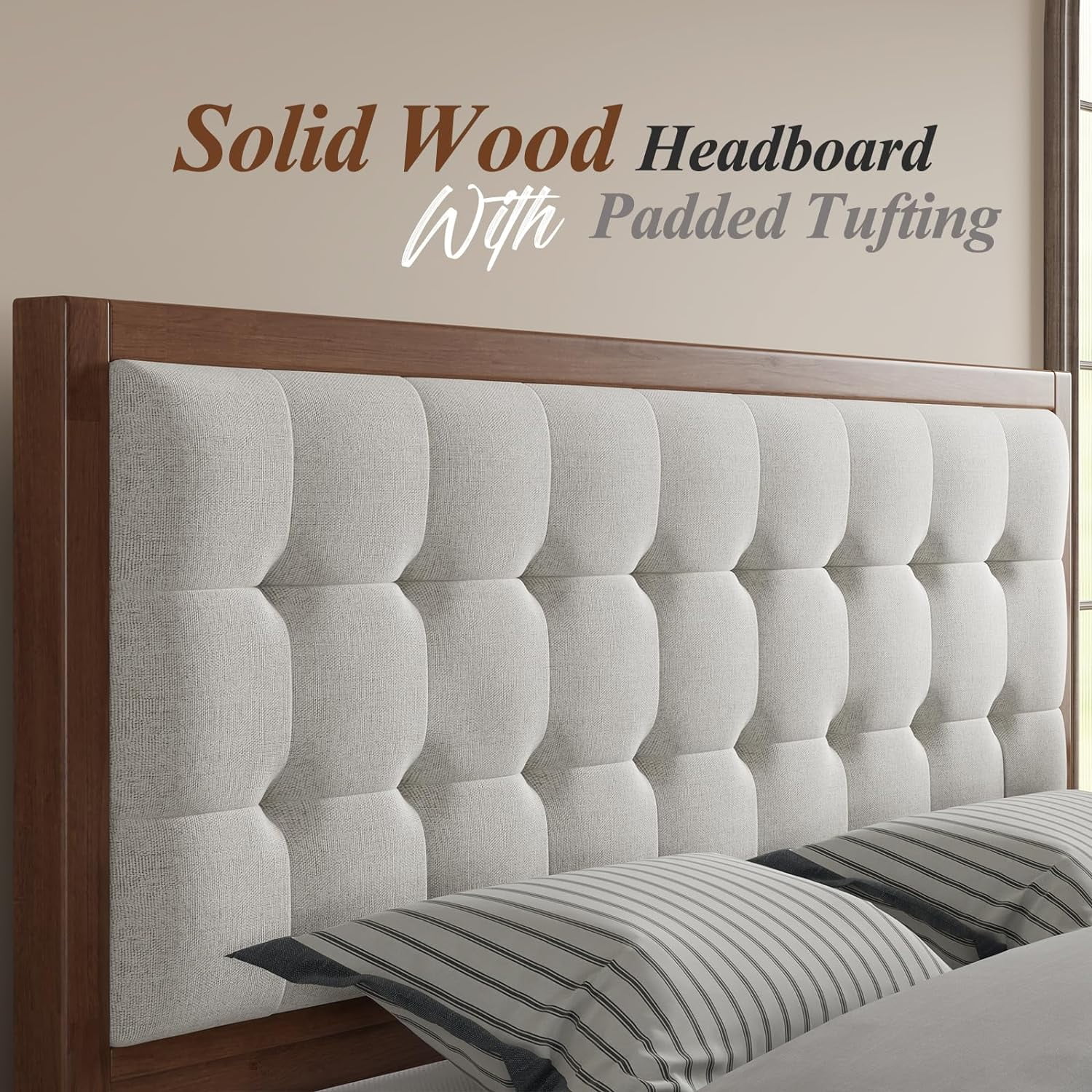 LUXOAK Queen Bed Frame, Wood Platform Bed with Upholstered Headboard, Walnut