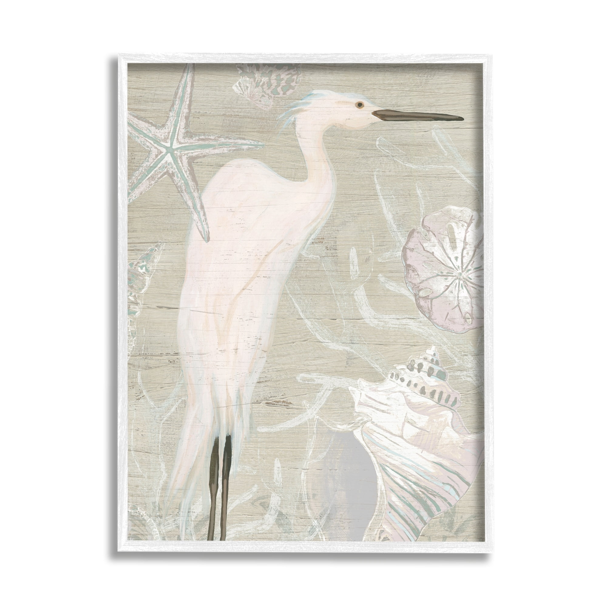 Stupell Industries White Egret Seashells Starfish Rustic Grain Pattern Graphic Art White Framed Art Print Wall Art, Design by June Erica Vess
