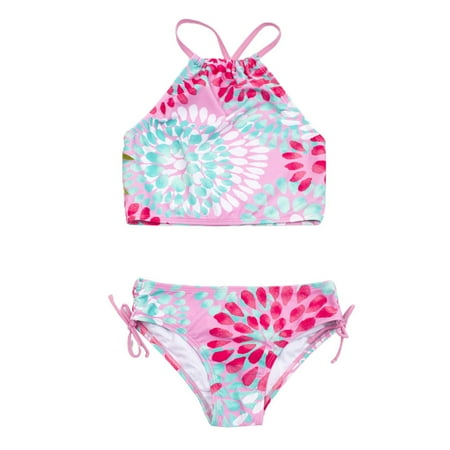 

QWANG Girl Floral Print Criss Cross Bikini Wrap Knot Side Swimsuit Bathing Suit Pink