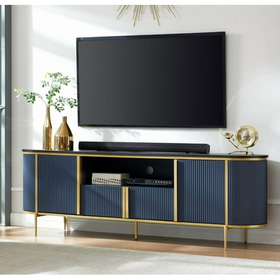 Studyset 70" TV Stand with Faux Marble Top, Luxury Media Console Table with Adjustable Shelves, Curved Profile Sliding Doors, Entertainment Center Fits TVs Up to 80 Inch for Living Room, Bedroom