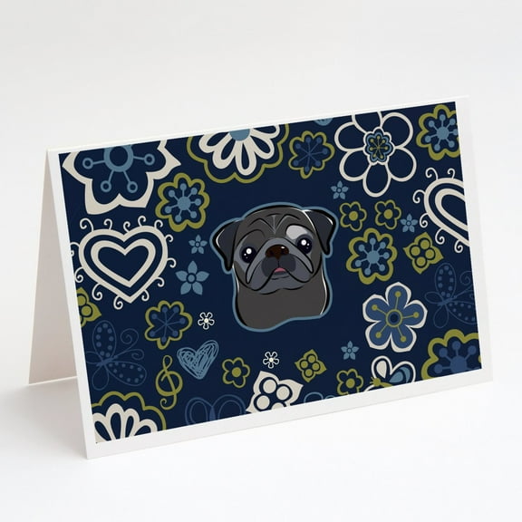 Blue Flowers Black Pug Greeting Cards and Envelopes Pack of 8