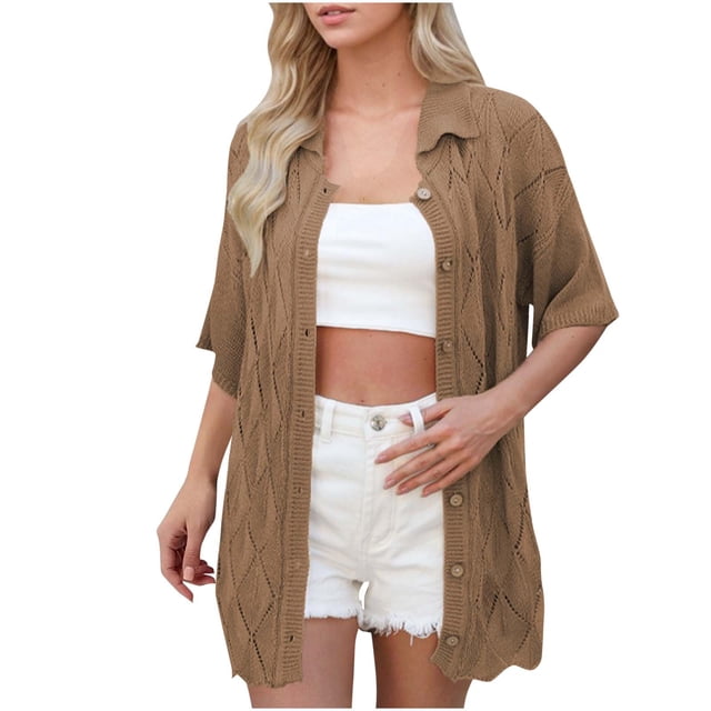 Manga Corta Cardigan Botón de Solapa Suelto de Punto Suéter Superior, Casual Cardigan de Manga Corta para las Mujeres Capa de Moda