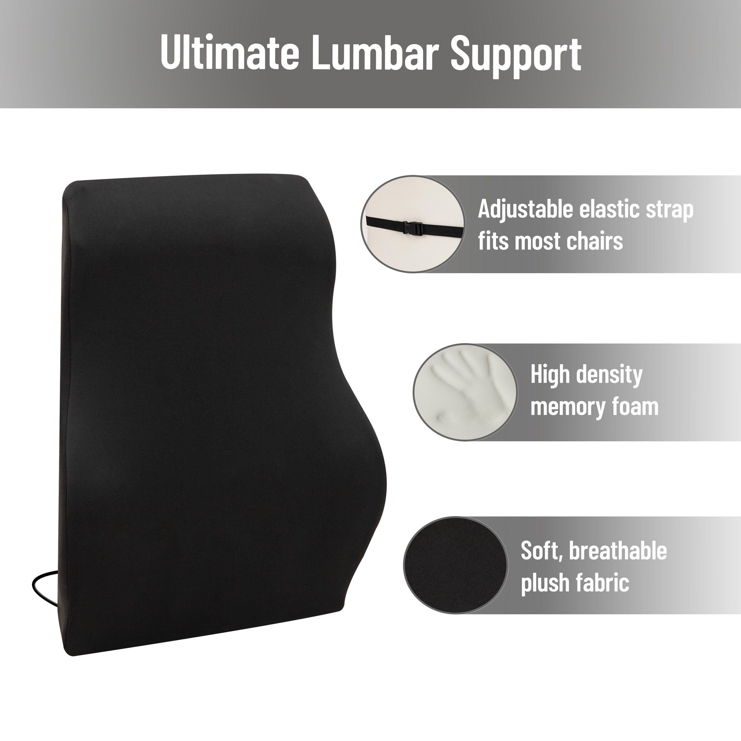 Mind Reader Heated Air-Cloud Lumbar Cushion, Ergonomic Memory Foam Back Support Pillow with Adjustable Heat Settings and Timer, Black