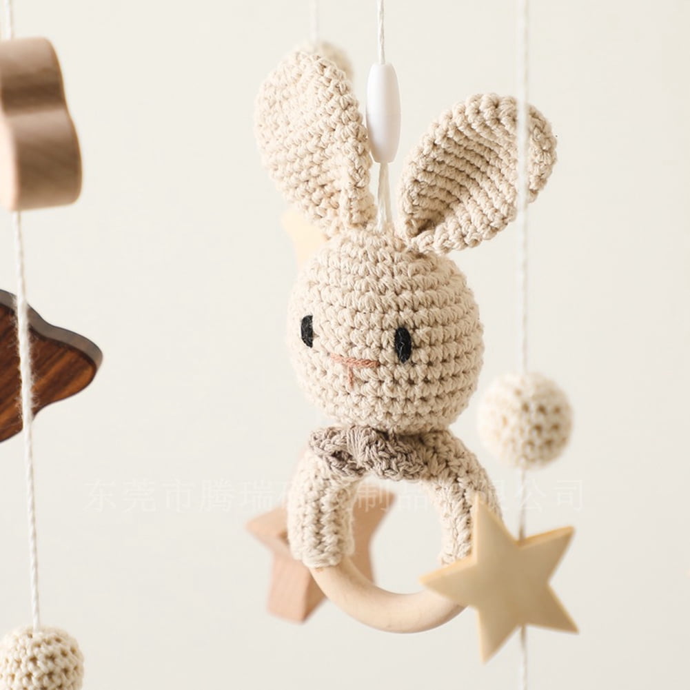Baby Crib Mobile with Wooden Wind Chimes, Crochet Star Moon Cloud Hanging Bed Bell for Newborn Sleep Soothing, Rotating Crib Decoration