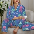 thumbnail image 6 of Pajama Sets for Women 2 Pcs, Cute Green Pink Jellyfish Button Down Long Sleeve Sleepwear Lounge PJ Sets, 6 of 6
