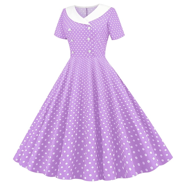 KIHOUT Robe Vintage pour Femme à Manches Courtes, Col à Revers, Rétro, Évasée, Ligne A, Midi, Robe d'Été, Fête, Soirée, Bal