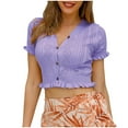 thumbnail image 2 of Timegard Crop Tops for Women V Neck Button down Ruffle Short Sleeve Cute Summer Travel Casual Tee Shirts, 2 of 5