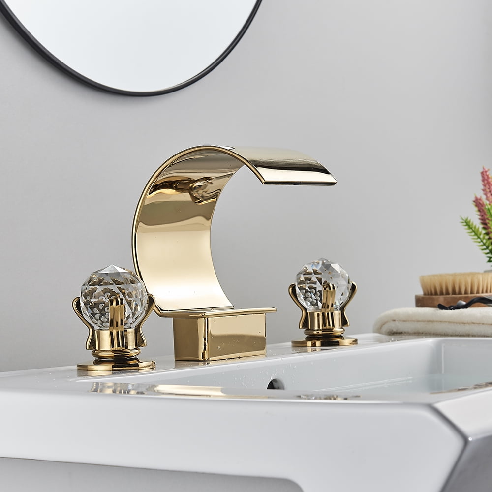 Gold Widespread Waterfall Bathroom Sink Faucet 2 Handle 3Hole Basin Mixer Tap