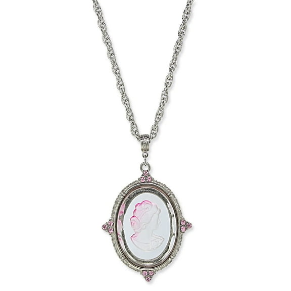 1928 Jewelry Oval Frosted Glass Cameo Crystal Pendant Necklace For Women 30 Inches