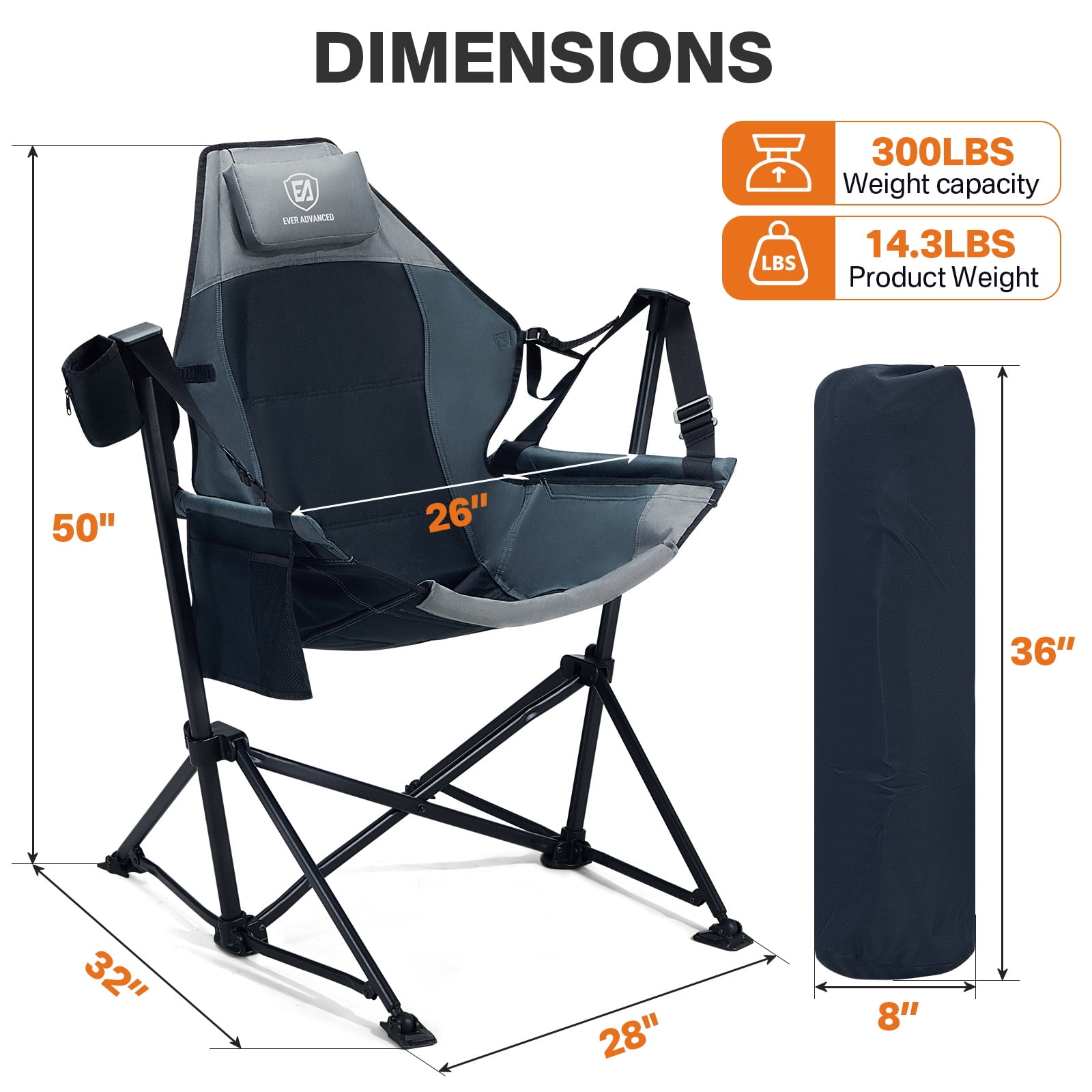 EVER ADVANCED Swinging Hammock Camping Chair with Adjustable Backrest, Supports 300 lbs, Black
