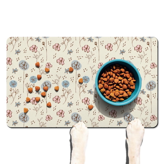 Bright Colorful Pet Food Mat - Romantic Floral, Waterproof Dog Bowl Placemat