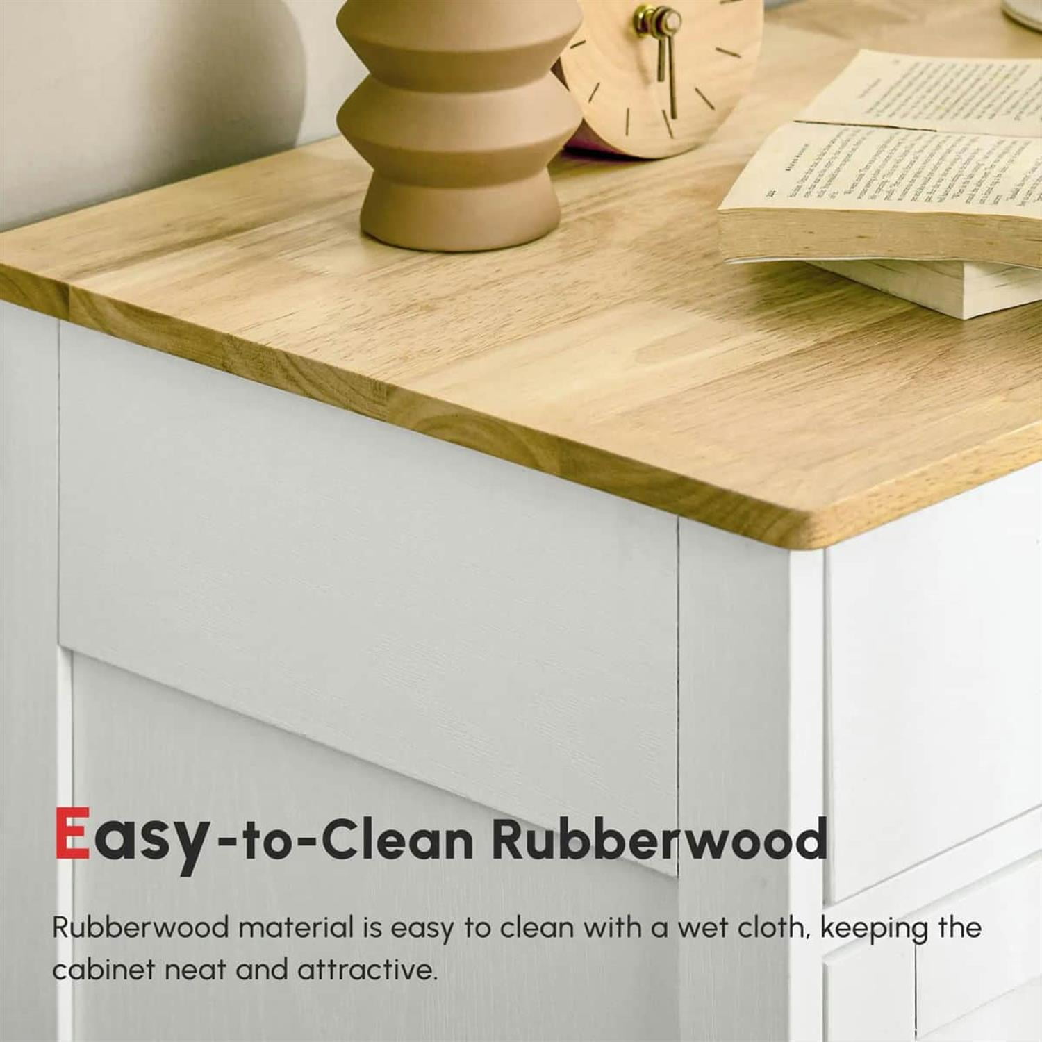 Demi Bonn 33" Kitchen Storage Cabinet Solid Wood Top Sideboard Floor Cupboard, Adjustable Shelf & 2 Drawers for Home Organization, White