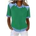thumbnail image 2 of T-Shirt for Women Neck Short Sleeve Casual Relaxed Fit Tee Denim Contrast Raglan Sleeve Waffle Knit Breathable Stretchy Summer Tops, 2 of 5