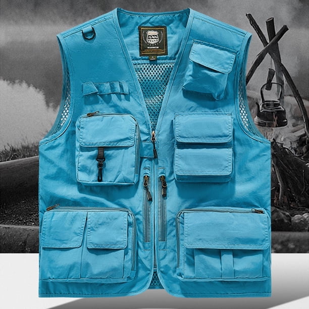 Ceisia Men's Loose Fit Outdoor Utility Vest Multi-Pocket Breathable Mesh Lining V-Neck Fishing Hiking Volunteer Waistcoat Gifts Sky Blue 1X
