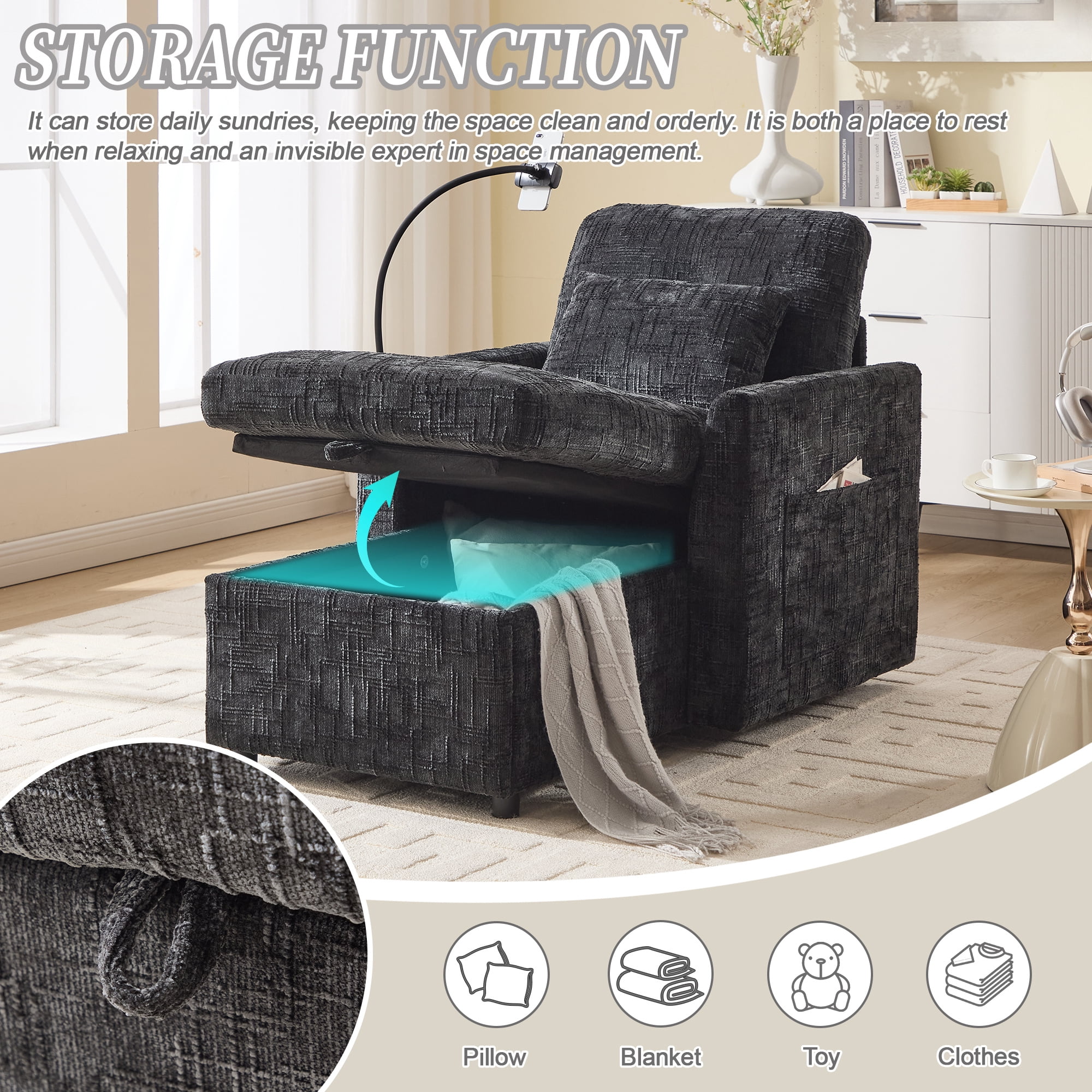 Aukfa Storage Chaise Lounge Single Sofa with Phone Holder and Pillow for Living Room Bedroom, Chenille, Black