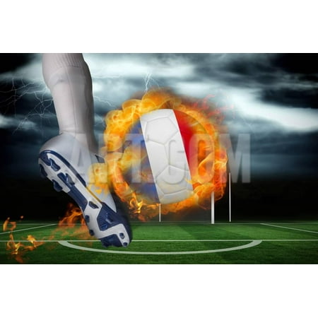 Under The Flaming Sky Football Player Kicking Flaming France Flag Ball against Football Pitch under Stormy Sky Print Wall Art By Wavebreak Media Ltd ()