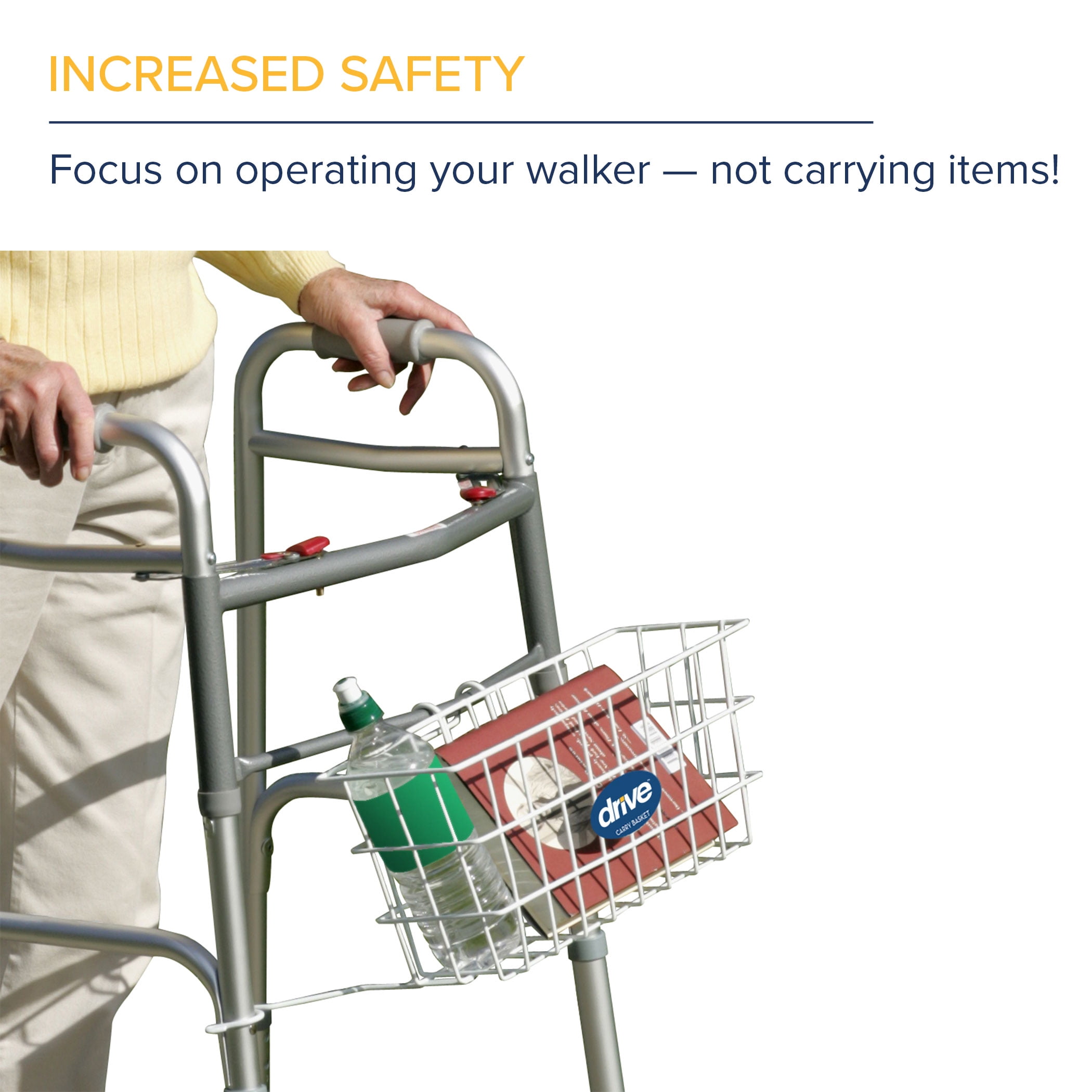 Drive Medical Walker Basket with Plastic Insert Tray and Cup Holder, Aluminum, Compatible with 1" Folding Walkers