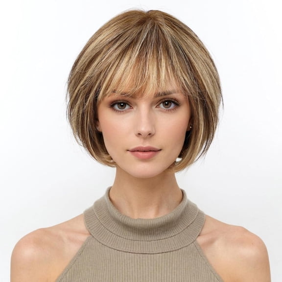 SUCS 10 Inch Brown Mixed Blonde Wigs Human Hair for Women, Remy Human Hair Wigs, Human Hair Wigs with Bangs