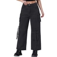 thumbnail image 1 of Pantalones de mezclilla casuales para mujer INSPIRE CHIC, de pierna ancha, con bolsillos cargo, de tiro medio, color negro, 1 of 6