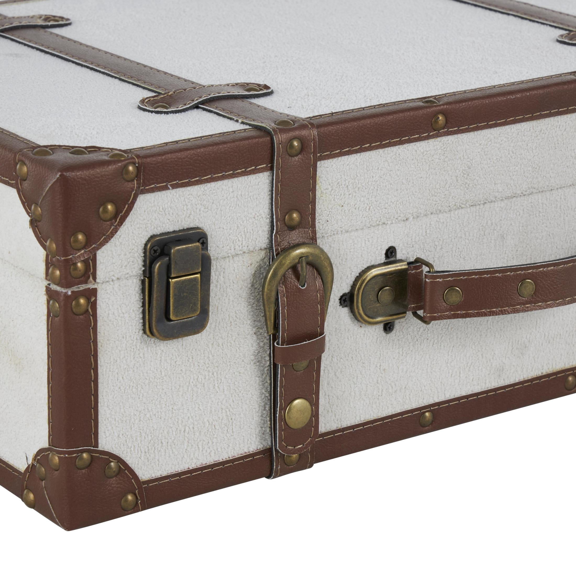 DecMode 20" x 7" Light Gray Wooden Vintage Storage Trunk with Brown Leather Accents and Bronze Latches, 3-Pieces