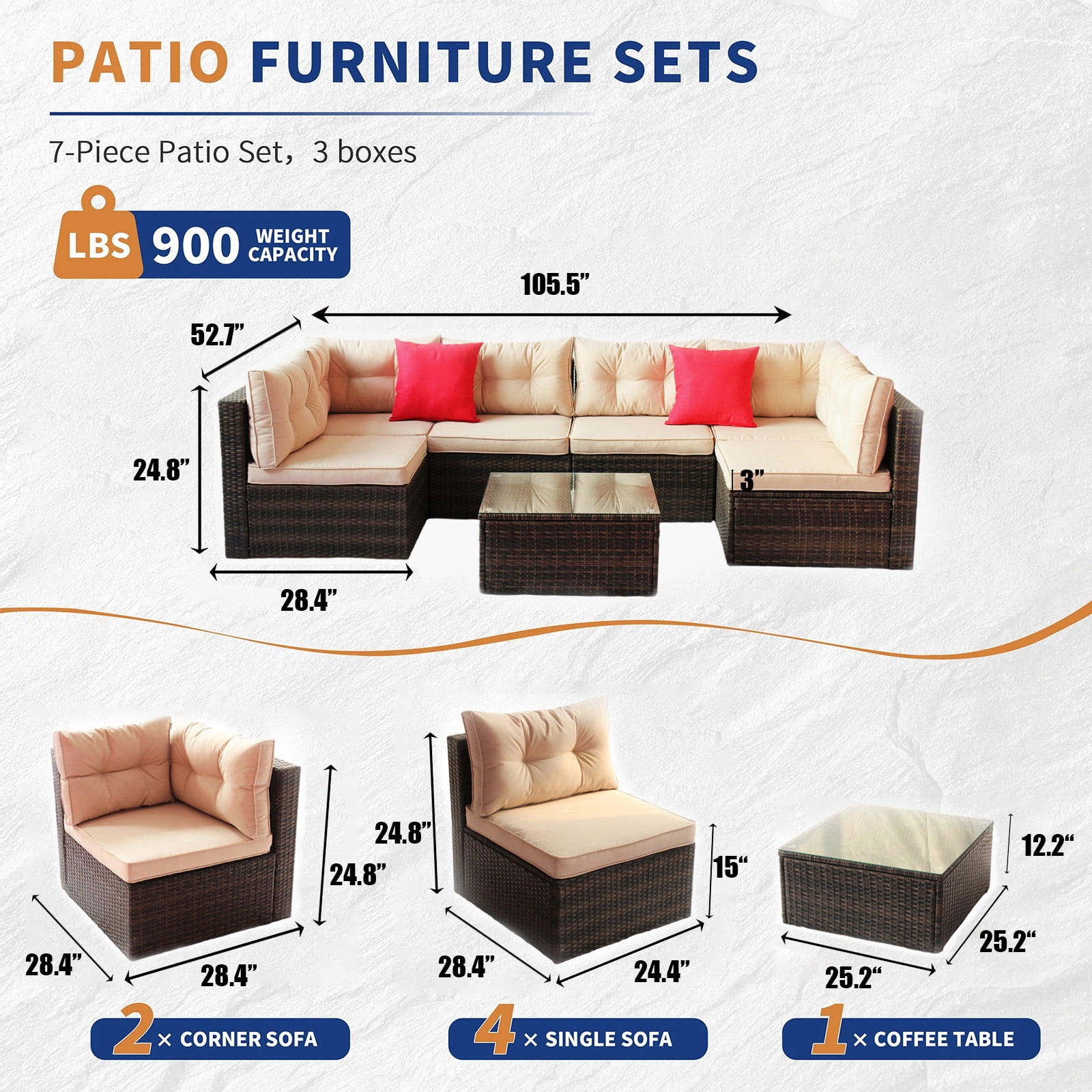 Tappio 7 Pieces Outdoor Patio Furniture Sets, PE Rattan Wicker Patio Conversation Sectional Set with Washable Thick Cushions and Coffee Table, Brown/Beige