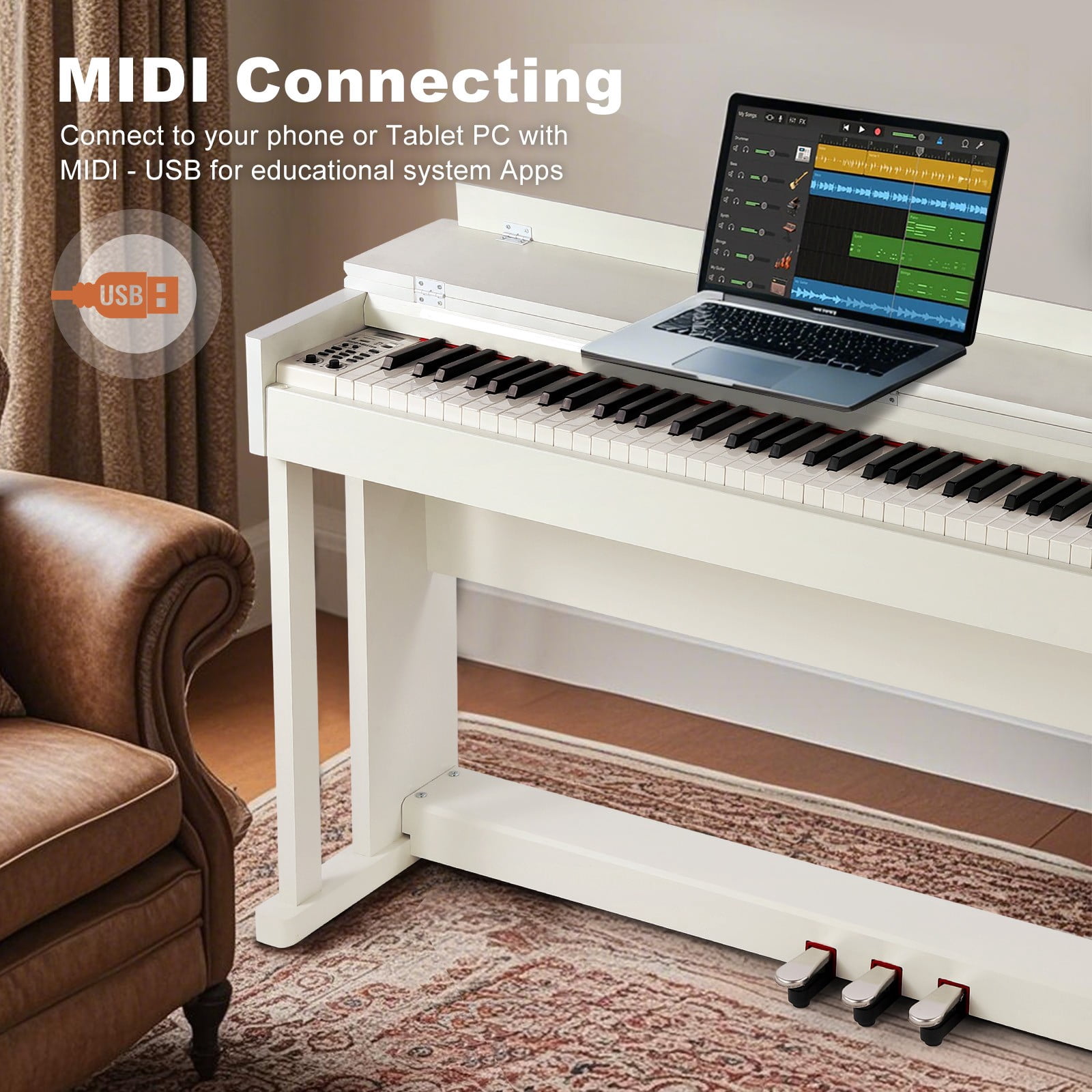 MUSTAR White 88Keys Full Size Weighted Hammer Action Digital Piano Keyboards DREAM Source with 3-Pedal