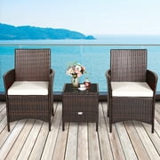 Marque Costway, Ensemble de meubles de patio ou terrasse, 3 pièces en rotin 2 chaises avec coussins Dessus de Table en verre Blanc