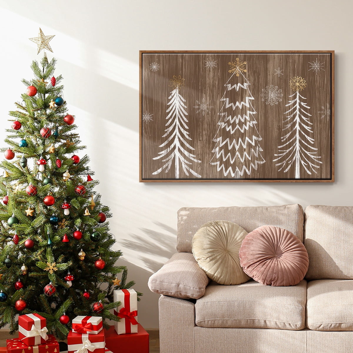 Barnwood Wonderland Collection A - Framed Gallery Wrapped Holiday Canvas - 27 x 41 - Rosewood Frame