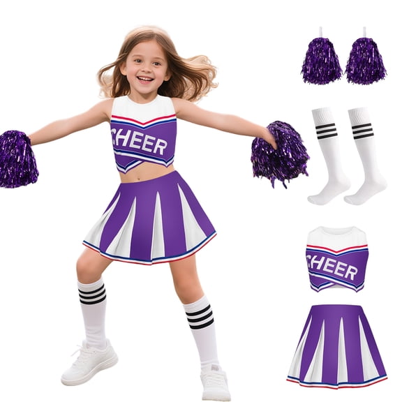 IROOZIGOTO Girls Cheerleader Costume Set Blue White Sleeveless Cropped Top Pleated Skirt with Pom Poms Socks for Halloween Cosplay Themed Party