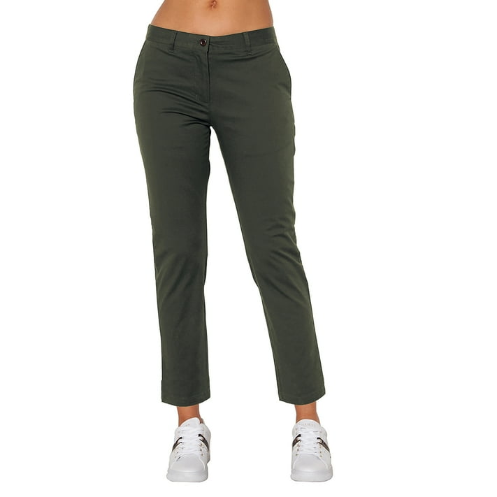 Langwyqu Women Low Rise Cropped Chino Work Pants Office Lady Trousers